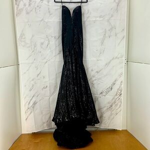 Jovani Black Sequins Formal strapless Dress long train side split size 10‎